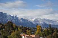 View of mountains behind town