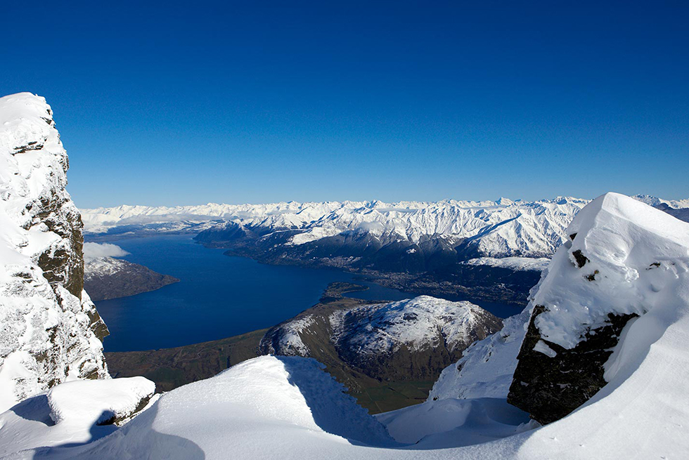 Snow covered mountain view overlooking lake